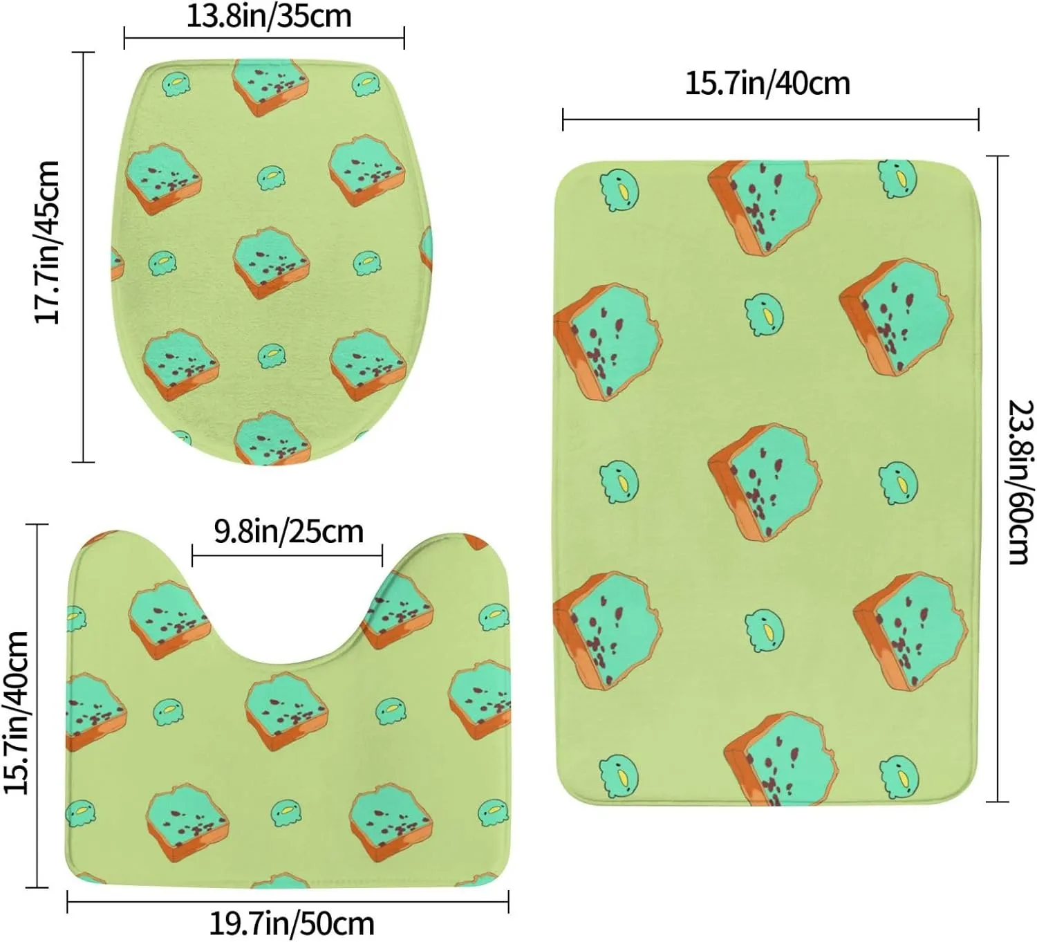 EkcoS Cartoon Bread Slices Bathroom Rugs Set 3 Piece Microfiber Bath Shower Mat and U-Shaped Toilet Rug, Machine Wash Dry, Non Slip Absorbent Bath Rug for Tub.