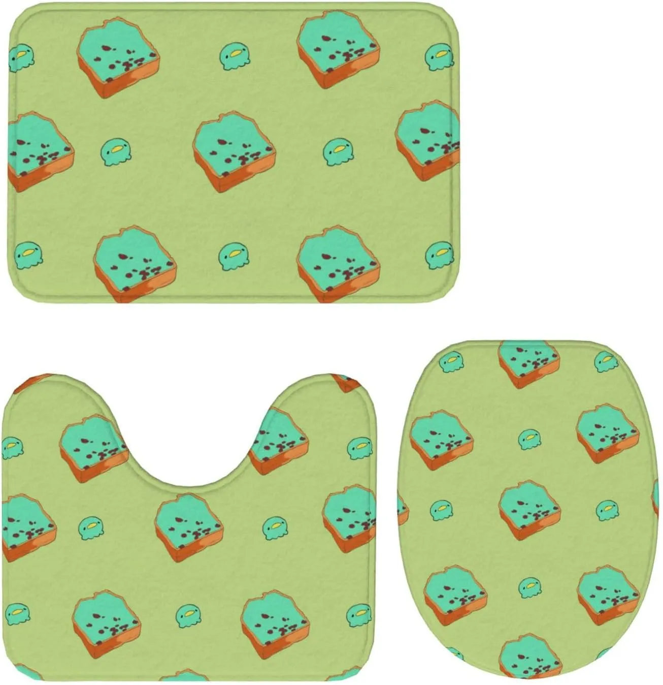 EkcoS Cartoon Bread Slices Bathroom Rugs Set 3 Piece Microfiber Bath Shower Mat and U-Shaped Toilet Rug, Machine Wash Dry, Non Slip Absorbent Bath Rug for Tub.