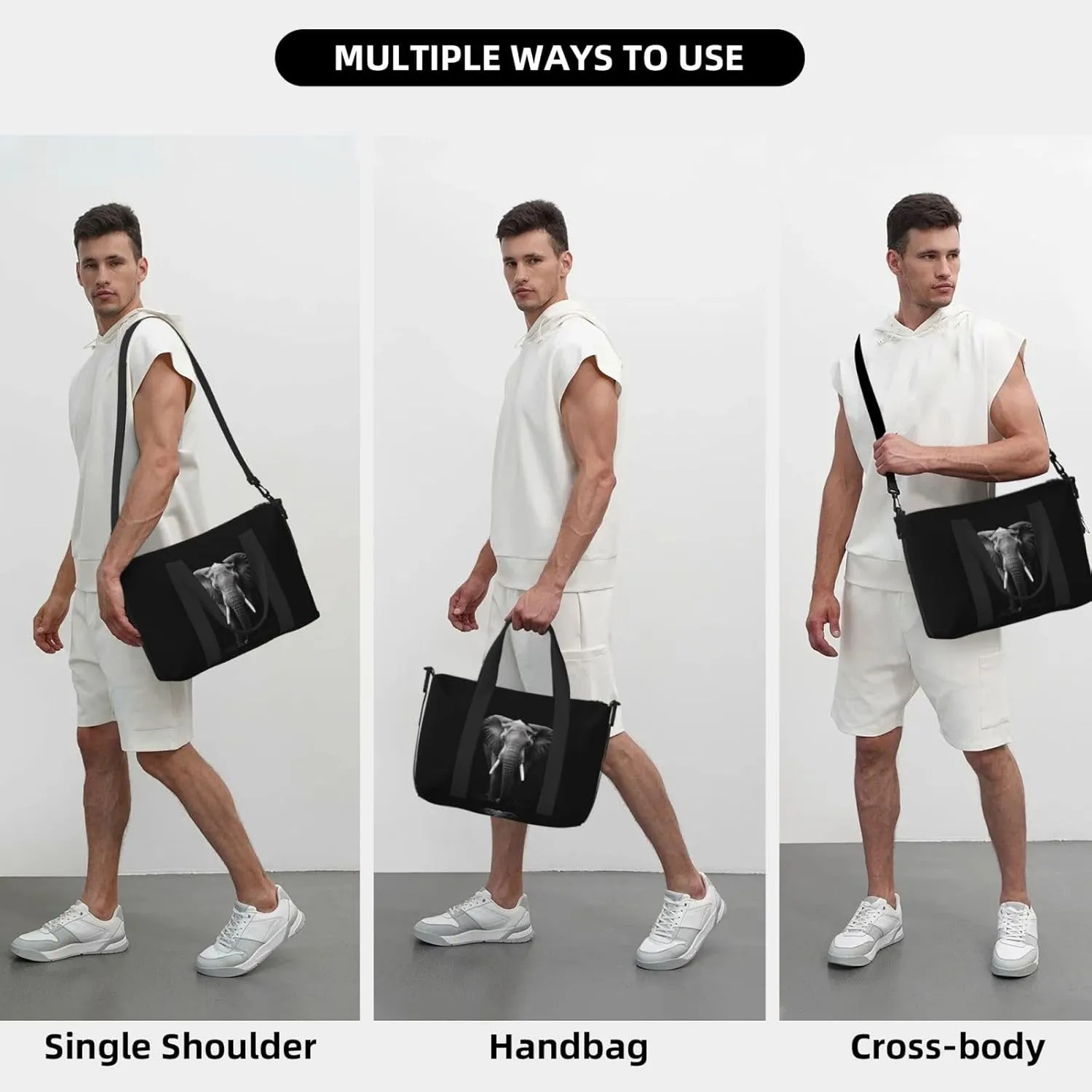 Elephant Animal Travel Duffel Bags for Women Men, Sports Training Gym Bag Dance Bag with Adjustable Shoulder Strap Black Weekender Overnight Bag