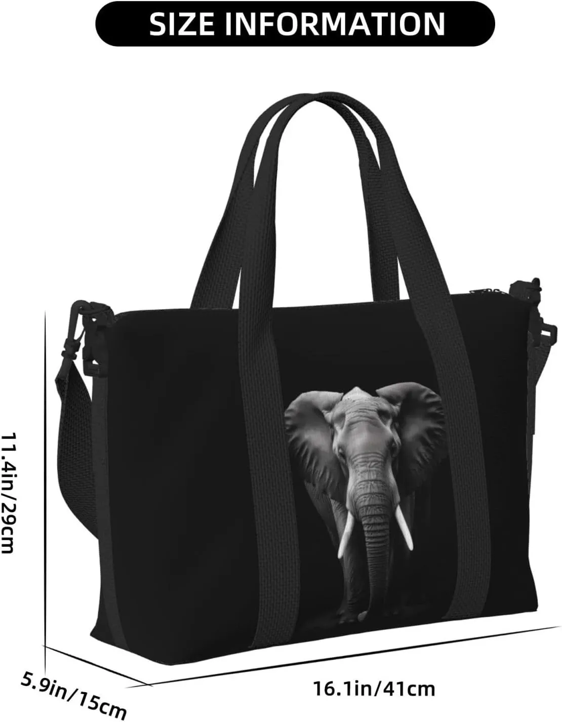 Elephant Animal Travel Duffel Bags for Women Men, Sports Training Gym Bag Dance Bag with Adjustable Shoulder Strap Black Weekender Overnight Bag
