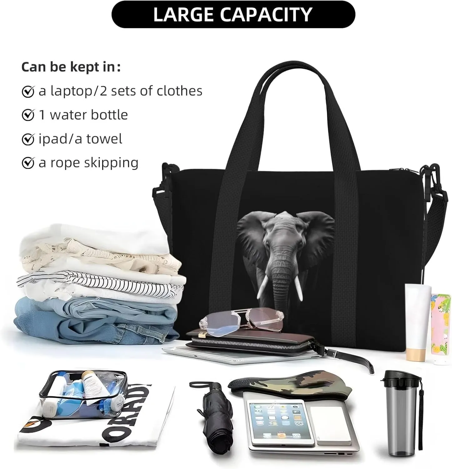 Elephant Animal Travel Duffel Bags for Women Men, Sports Training Gym Bag Dance Bag with Adjustable Shoulder Strap Black Weekender Overnight Bag
