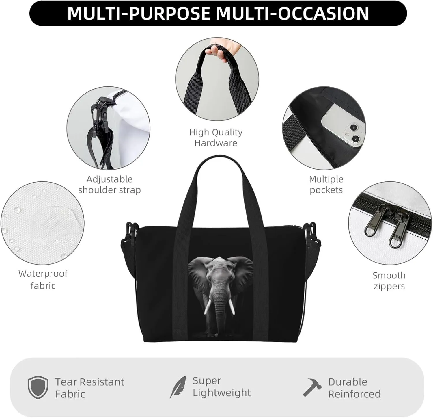 Elephant Animal Travel Duffel Bags for Women Men, Sports Training Gym Bag Dance Bag with Adjustable Shoulder Strap Black Weekender Overnight Bag