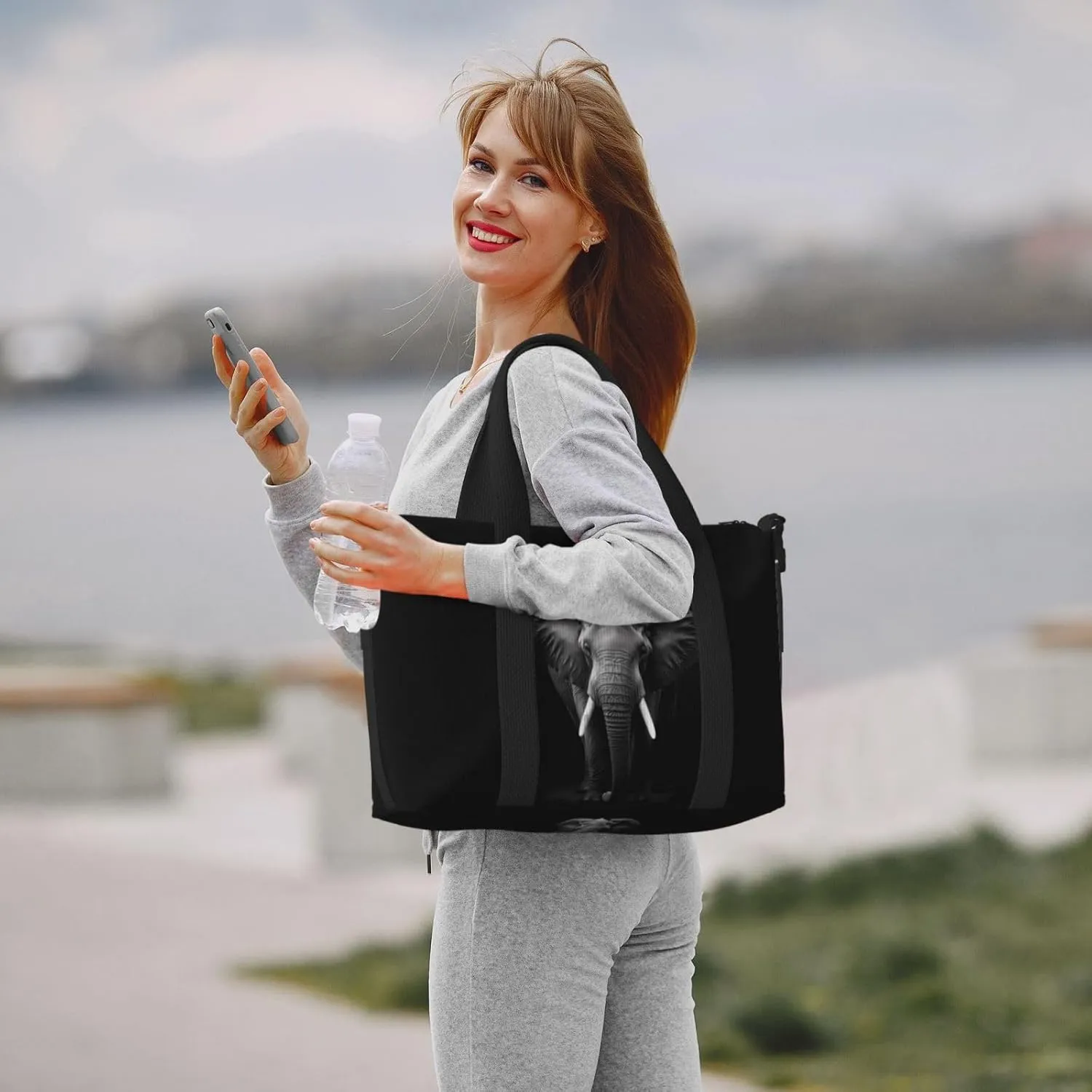 Elephant Animal Travel Duffel Bags for Women Men, Sports Training Gym Bag Dance Bag with Adjustable Shoulder Strap Black Weekender Overnight Bag