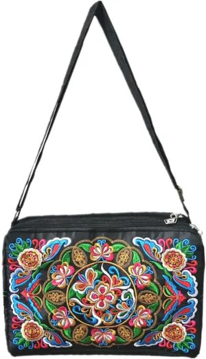Embroidered Crossbody Bag for Women Triple Zip Cell Phone Purse Vintage Floral Messenger Shoulder Bag