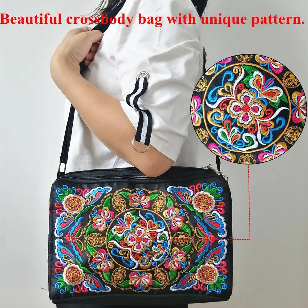 Embroidered Crossbody Bag for Women Triple Zip Cell Phone Purse Vintage Floral Messenger Shoulder Bag