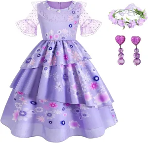 Encanto Mirabel Costume for Girls Cosplay Isabella Outfit Princess Halloween Dress Up With Earrings