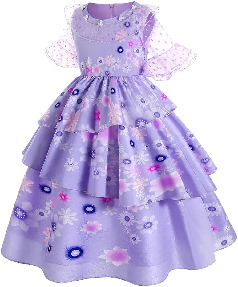 Encanto Mirabel Costume for Girls Cosplay Isabella Outfit Princess Halloween Dress Up With Earrings