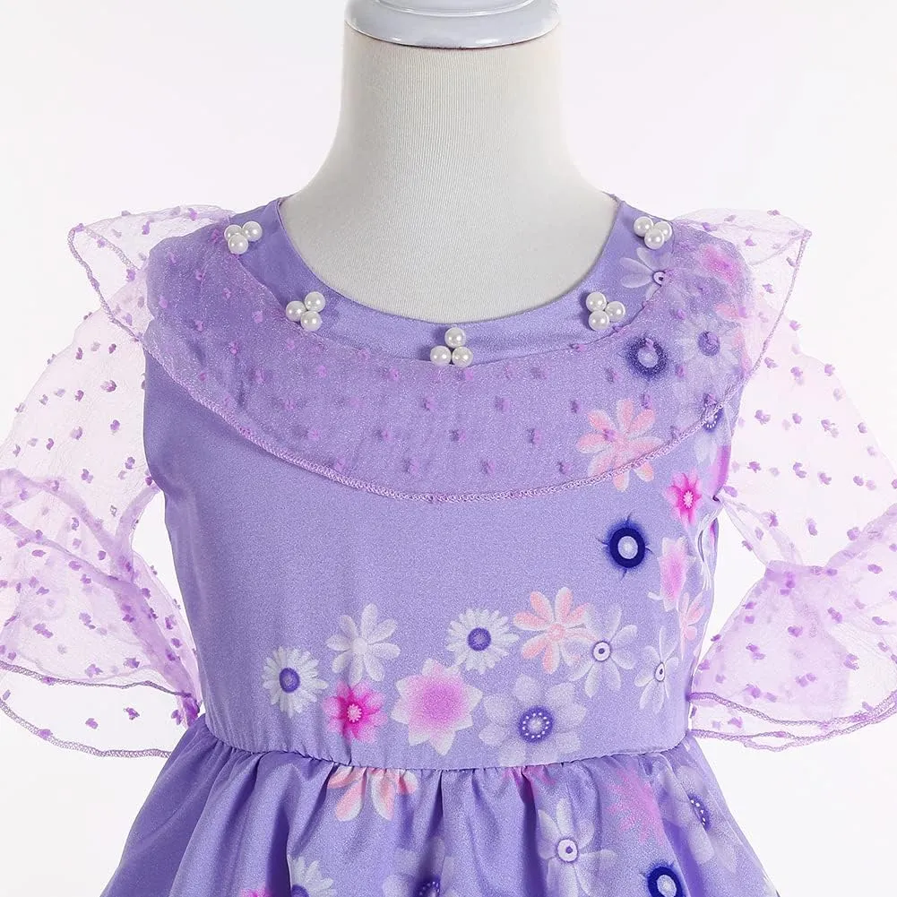 Encanto Mirabel Costume for Girls Cosplay Isabella Outfit Princess Halloween Dress Up With Earrings