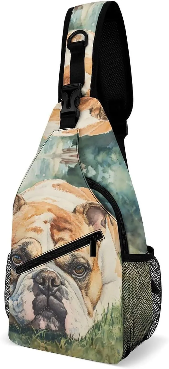 English Bull Dog Lying On Grass Chest Bag for Men Backpack Crossbody Sling Bags Travel Daypack for Outdoors Hiking