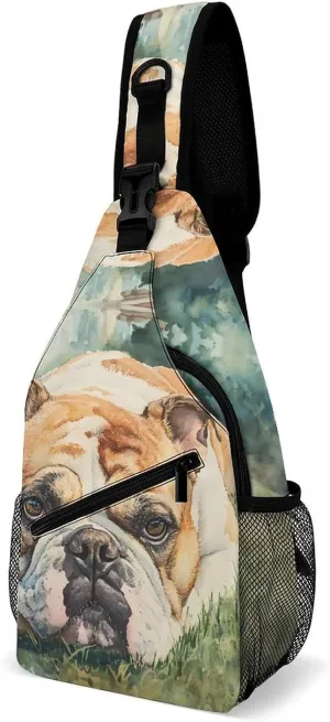 English Bull Dog Lying On Grass Chest Bag for Men Backpack Crossbody Sling Bags Travel Daypack for Outdoors Hiking