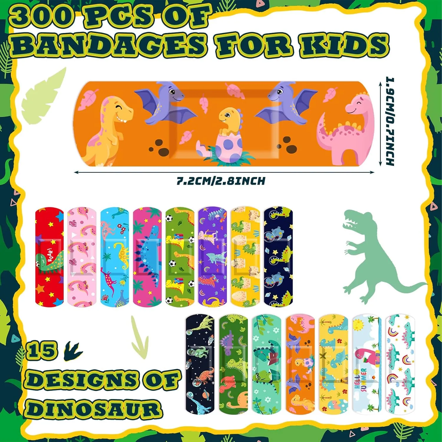 Estune 300 Pcs Kids Bandages Bulk Dinosaur 15 Styles Fun Children's Adhesive Colorful PE Flexible Cute Cartoon Dinosaur Bandages Variety Pack for Kids Boys Girls Students School Classroom