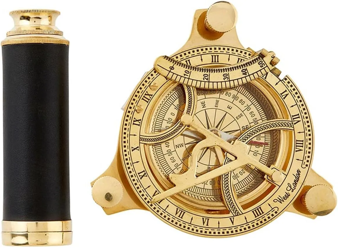 Explorer's Legacy Vintage Brass Compass and Telescope Set - Handheld Navigation Tool in Beachwood and Glass Storage Box