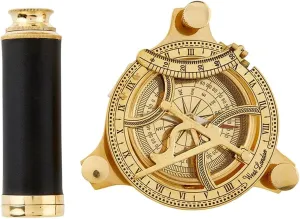 Explorer's Legacy Vintage Brass Compass and Telescope Set - Handheld Navigation Tool in Beachwood and Glass Storage Box