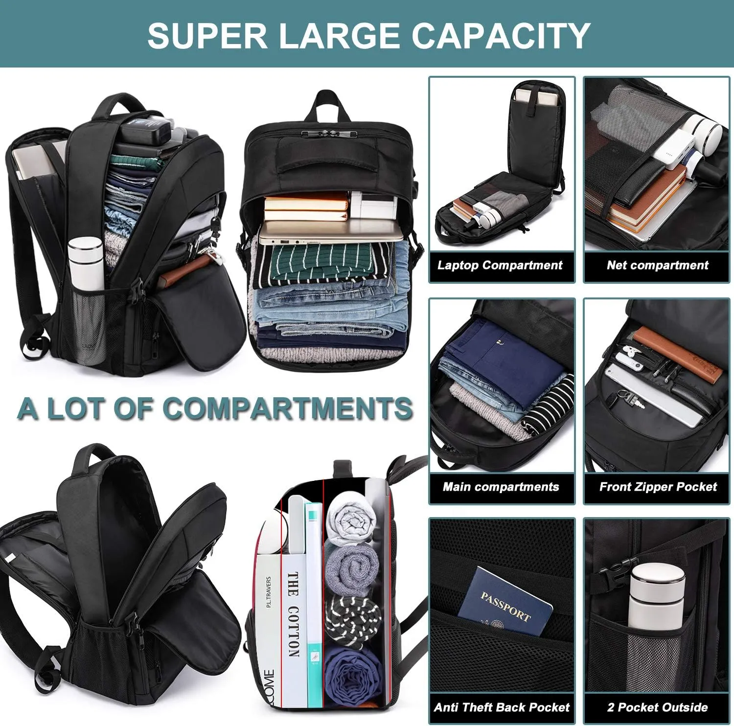 Extra Large Backpack for Men 50L,17inch Travel Backpack with USB Charging Port,TSA Big Business Anti Theft Durable Laptops Backpack,Water Resistant College Padded Computer Bag Gifts for Men Women,Grey