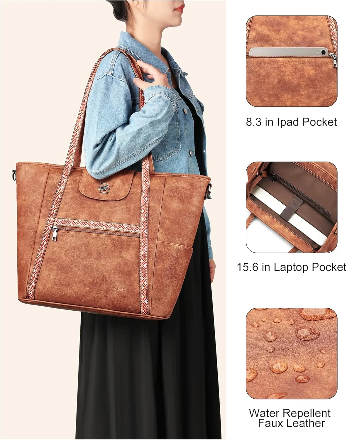 FADEON Large Laptop Tote Bag for Women Designer Leather Laptop Bag Fashion Travel Backpack Purse Shoulder Handbag