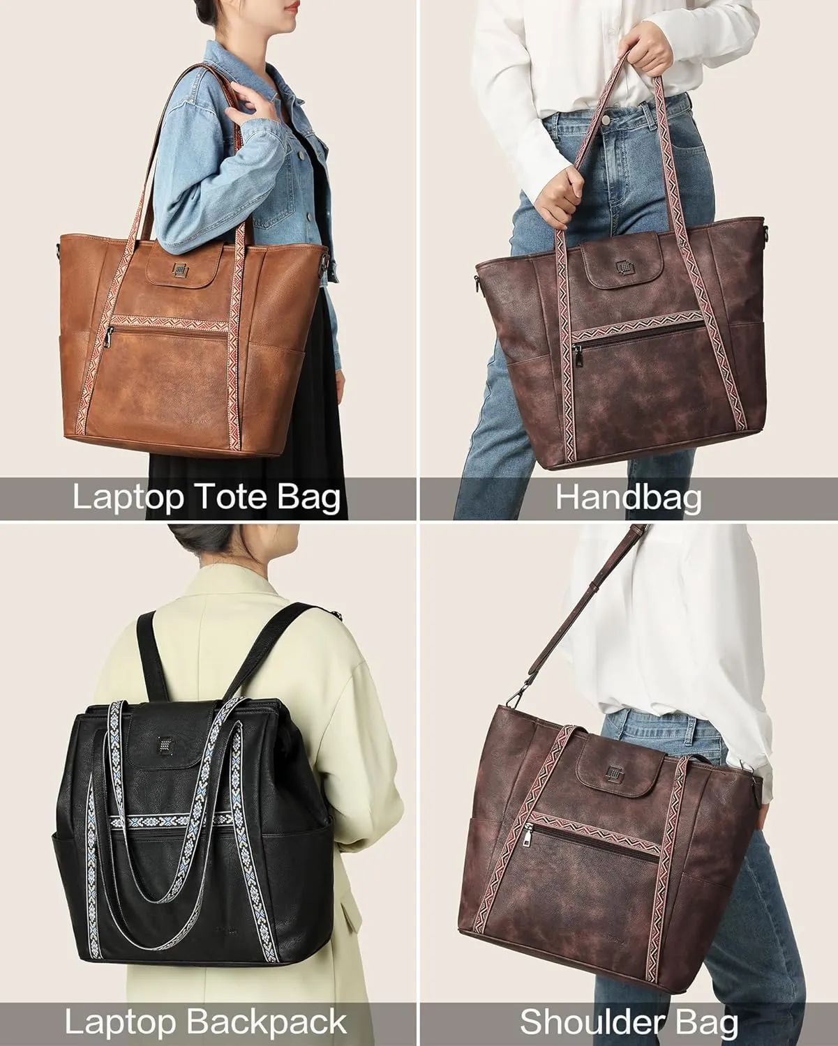FADEON Large Laptop Tote Bag for Women Designer Leather Laptop Bag Fashion Travel Backpack Purse Shoulder Handbag