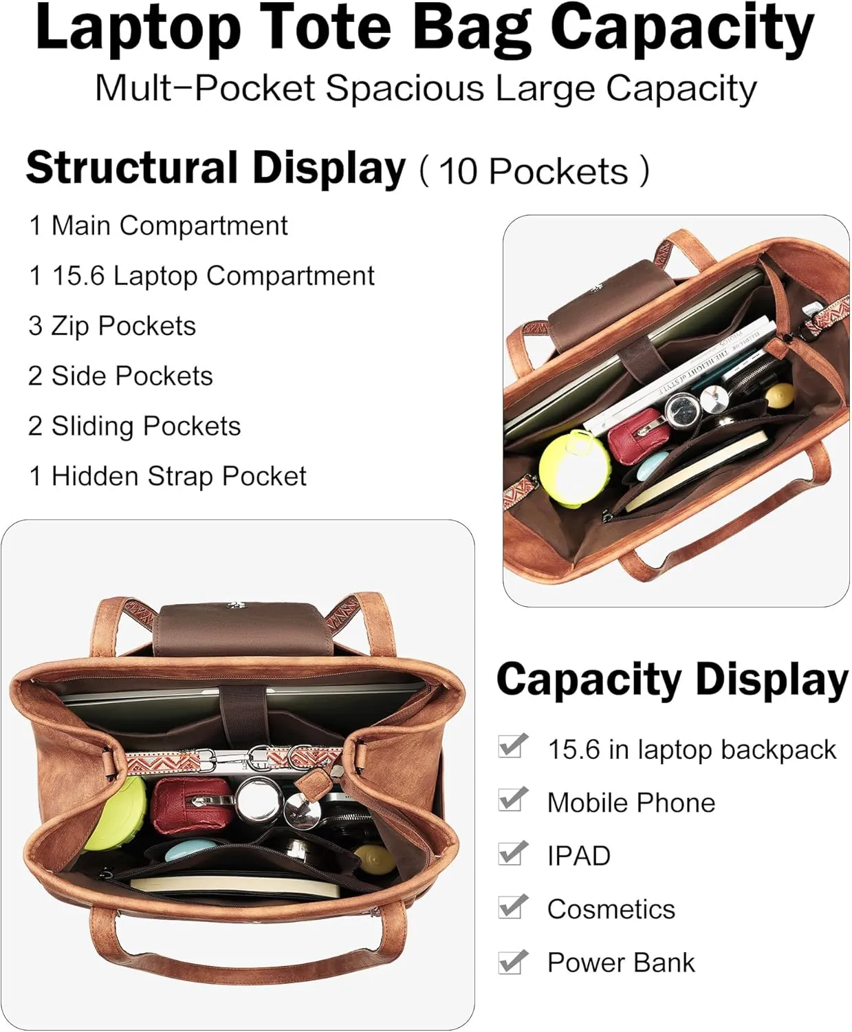 FADEON Large Laptop Tote Bag for Women Designer Leather Laptop Bag Fashion Travel Backpack Purse Shoulder Handbag
