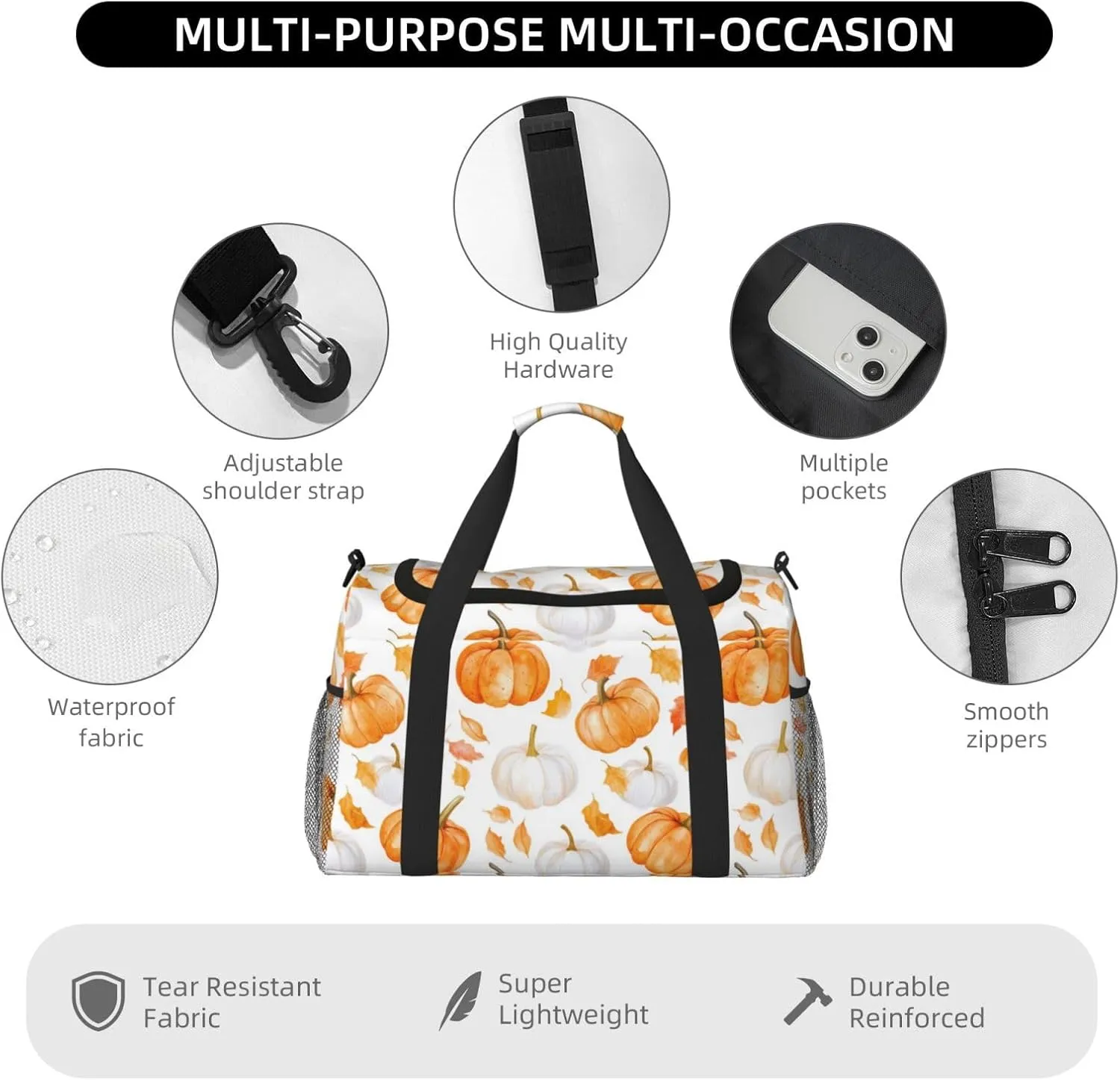 Fall Pumpkin Thanksgiving Travel Weekender Overnight Bags Foldable Hand Travel Bag Sport Gym Duffel Bag For Men Women