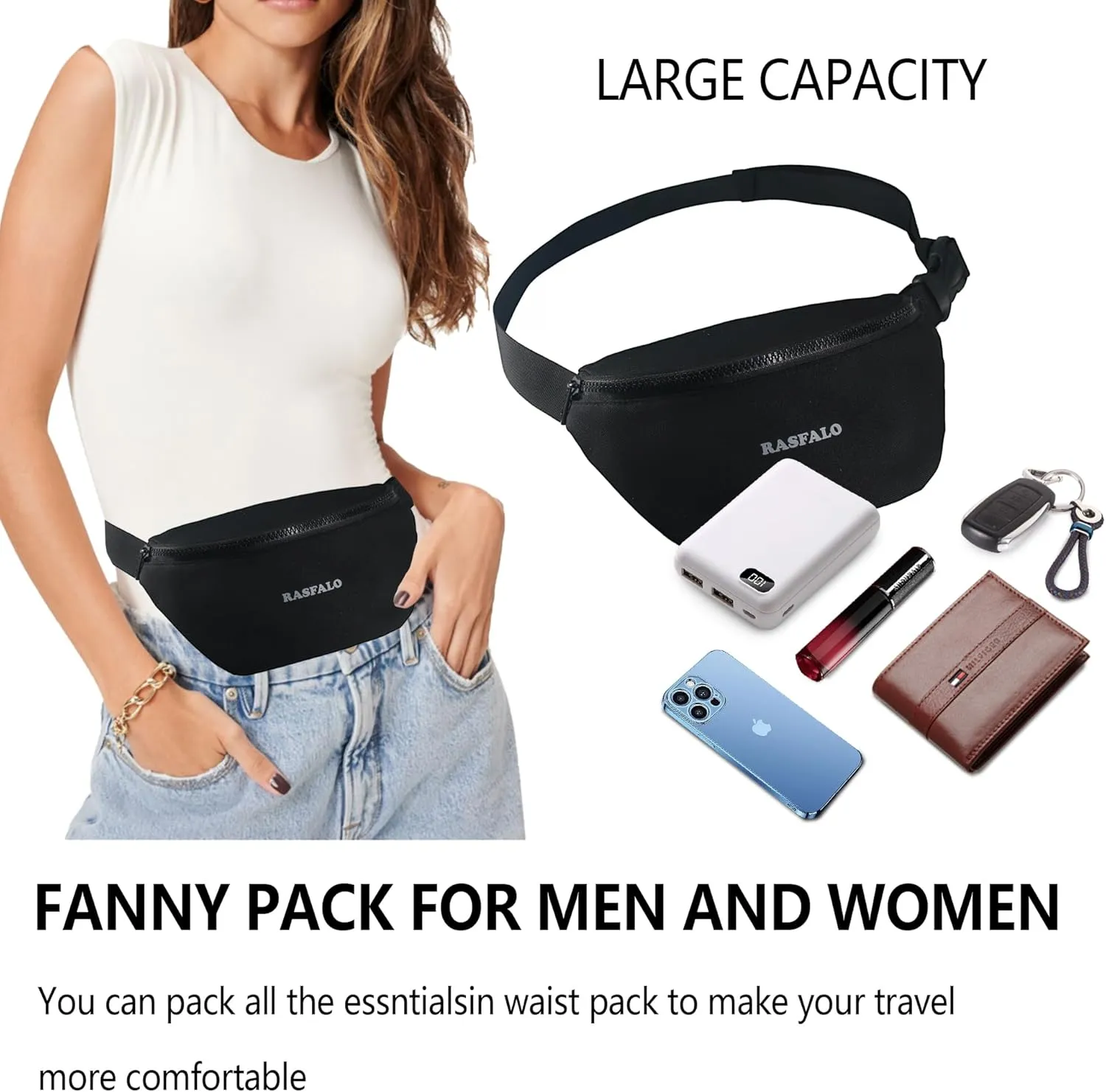 Fanny Pack & Crossbody Bag for Men Women, Fashion Waist Packs Adjustable Belt Bag for Sports, Workout, Traveling, Jogging, Hiking Hands-Free Carrying All Phones (Style 02, Black)
