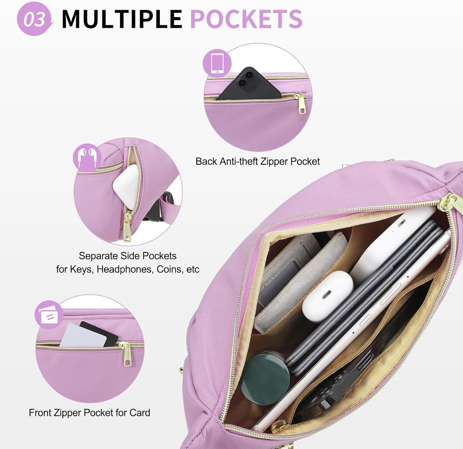 Fanny Pack for Men Women, Waterproof Nylon Anti Theft Waist Bag for Travel Hiking Running Sports Belt Bag (Purple)
