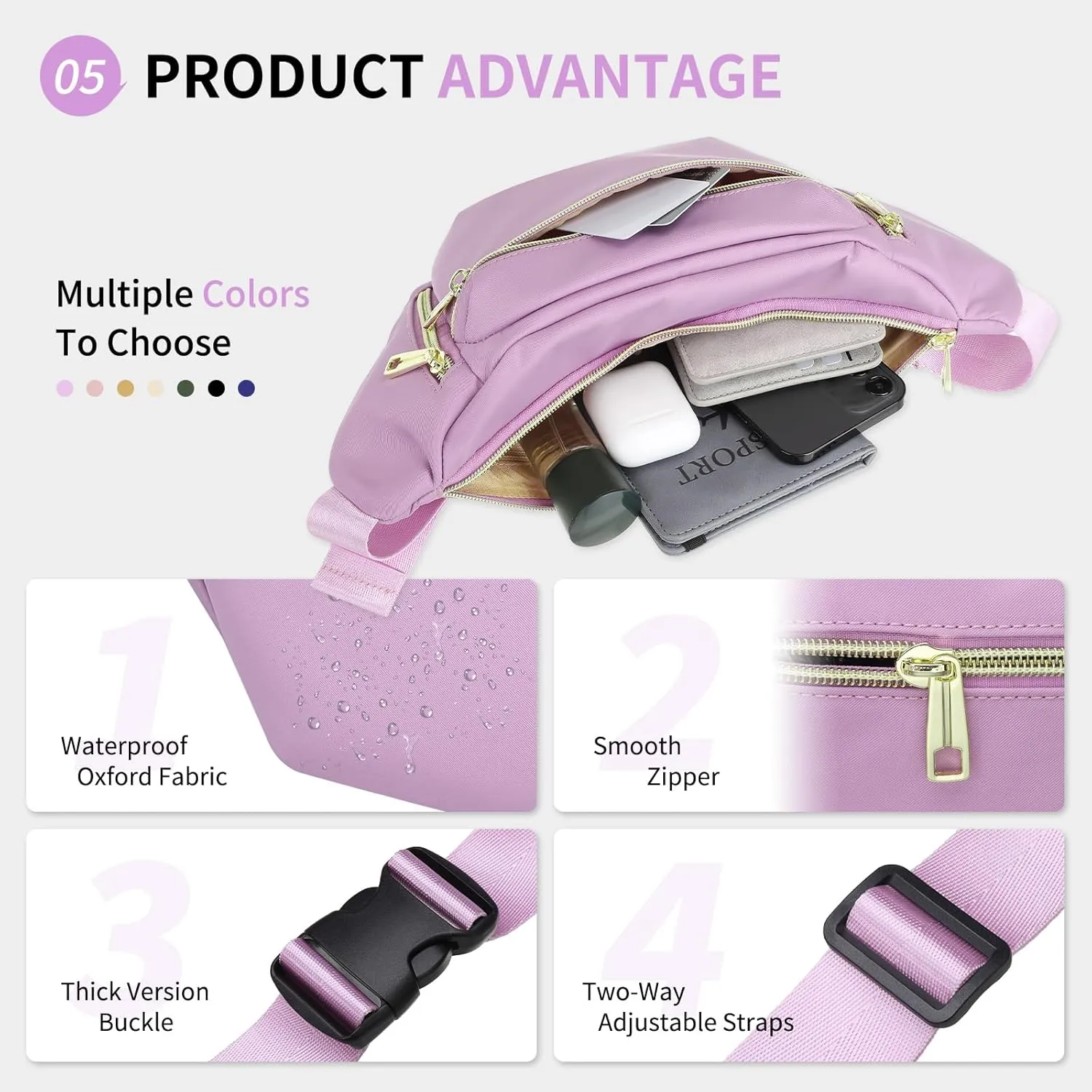 Fanny Pack for Men Women, Waterproof Nylon Anti Theft Waist Bag for Travel Hiking Running Sports Belt Bag (Purple)