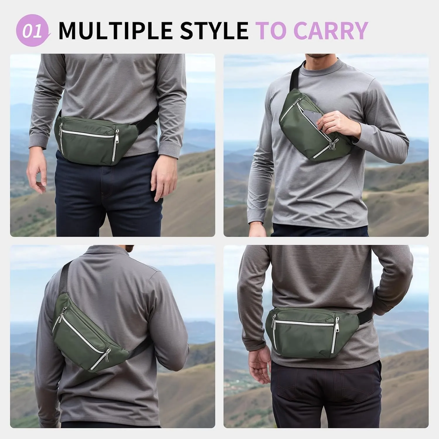 Fanny Pack for Men Women, Waterproof Nylon Anti Theft Waist Bag for Travel Hiking Running Sports Belt Bag (Purple)