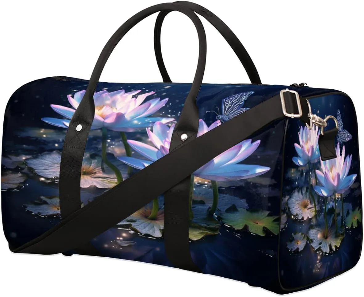 Fantasy Waterlily Travel Duffel Bag, Lotus Butterfly Sports Gym Bag, Foldable Weekender Overnight Tote Bag Carry on Luggage Handbag for Yoga Workout
