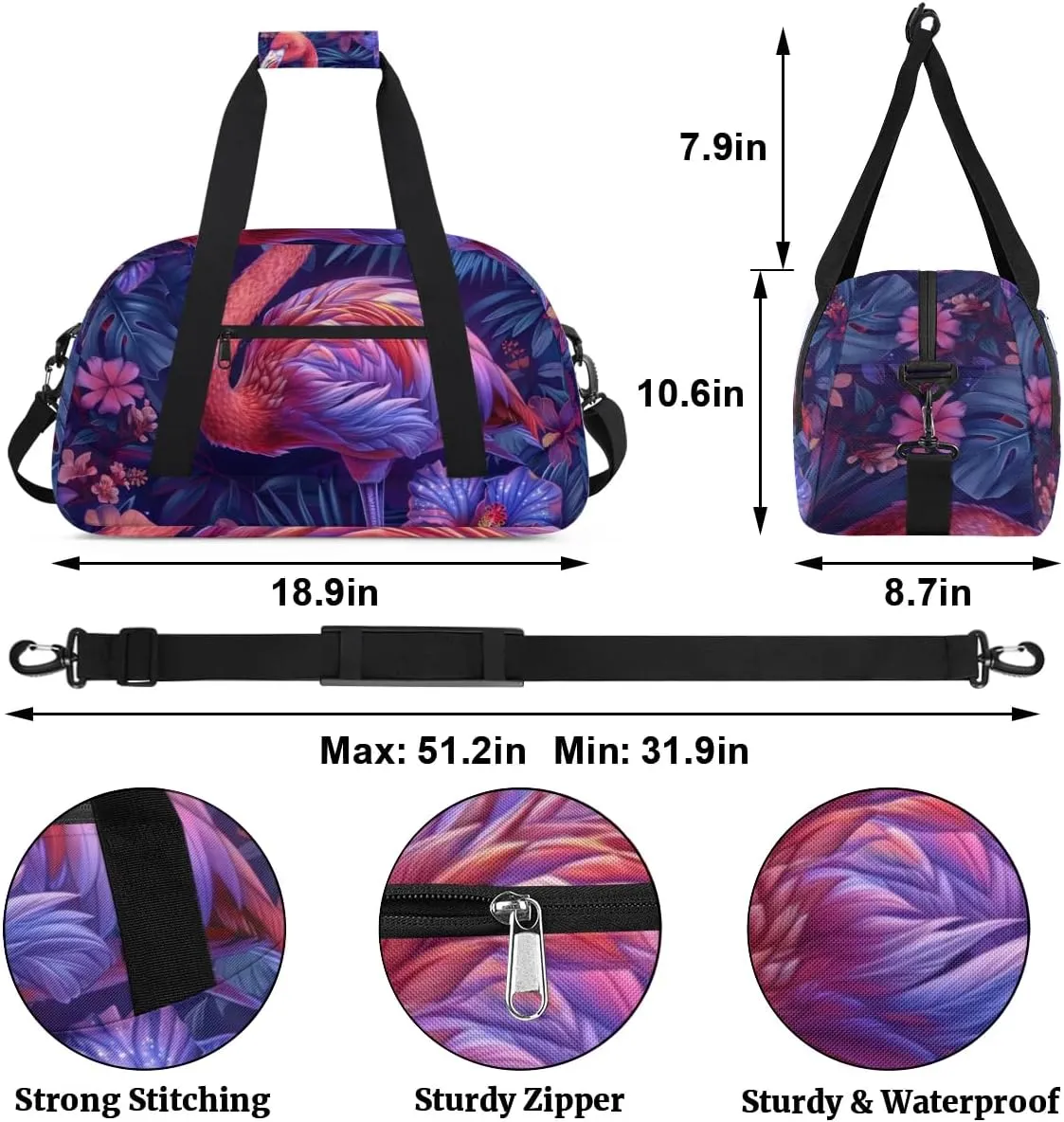 Flamingos Tropics Style Gym Bag Sports Duffle Bag Weekend Sleepover Duffel Bags Small Travel Tote for Overnight Workout Gymnastics Dance Ballet