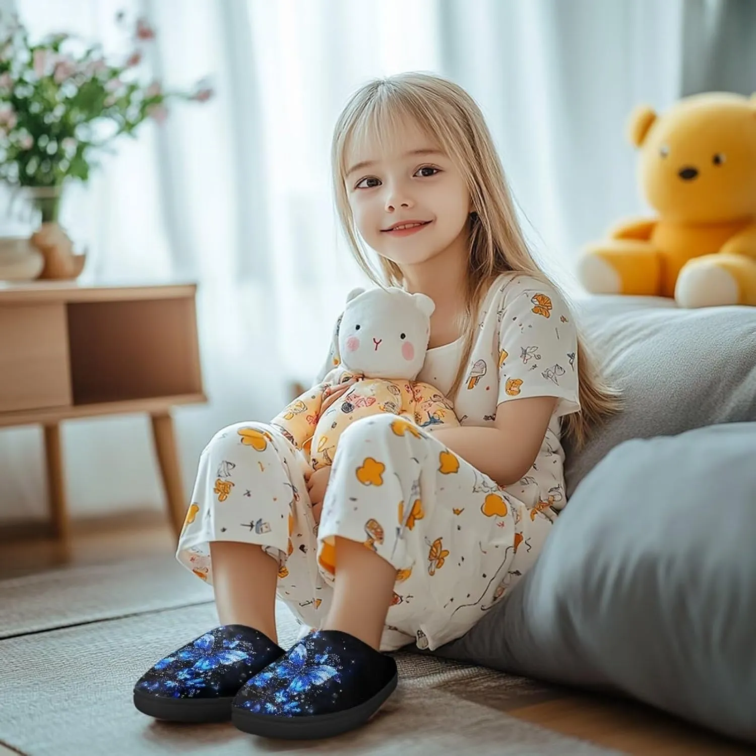 Flannel Slippers for Kids, Closed Toe Fluffy Slippers for Winter, Comfy Soft Home Slippers for Walking