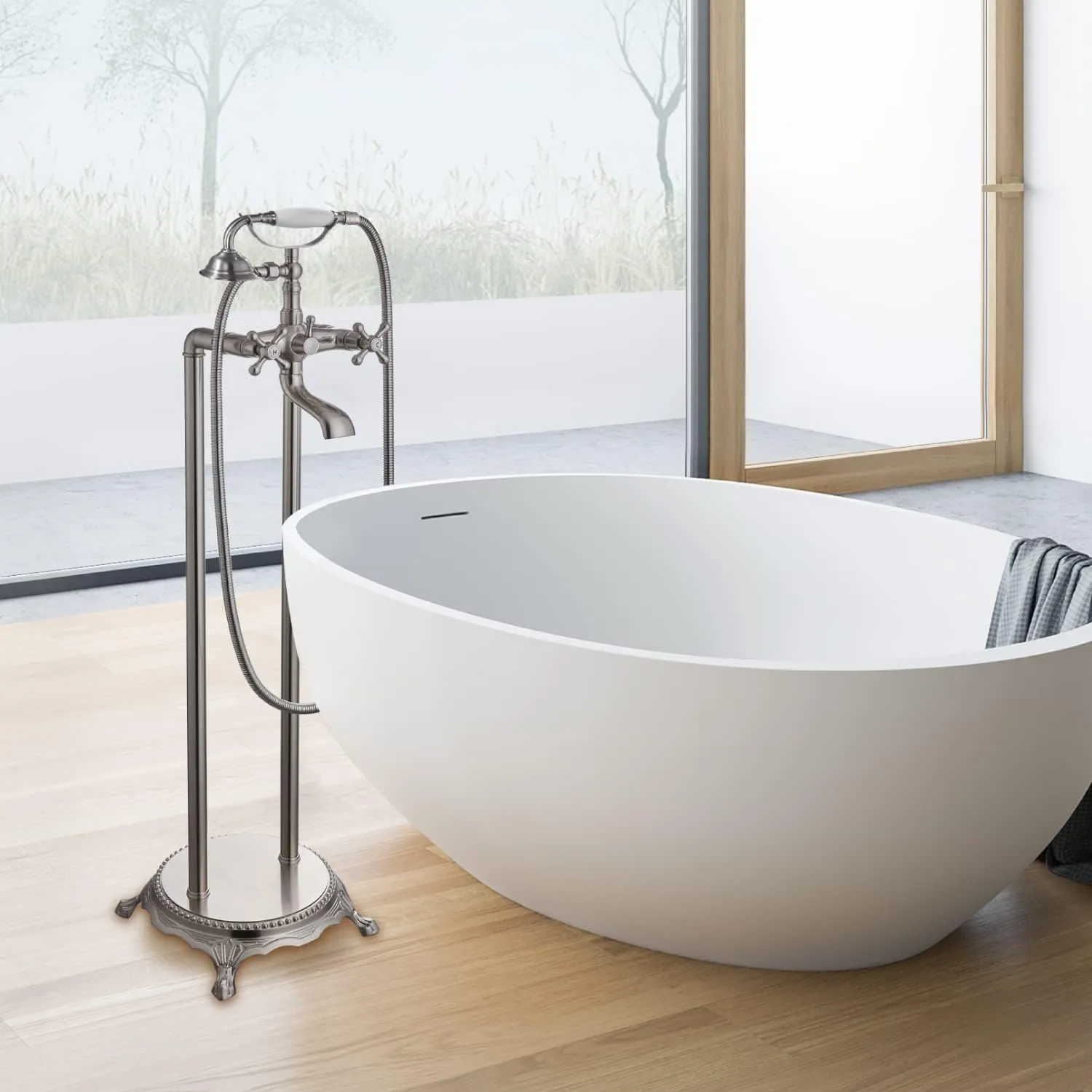 Floor Mounted Bathtub Brushed Nickel Freestanding Faucet Tub Filler With Handheld Shower Spray Double Cross Knobs Telephone Shape High Flow Bathroom Mixing Tap