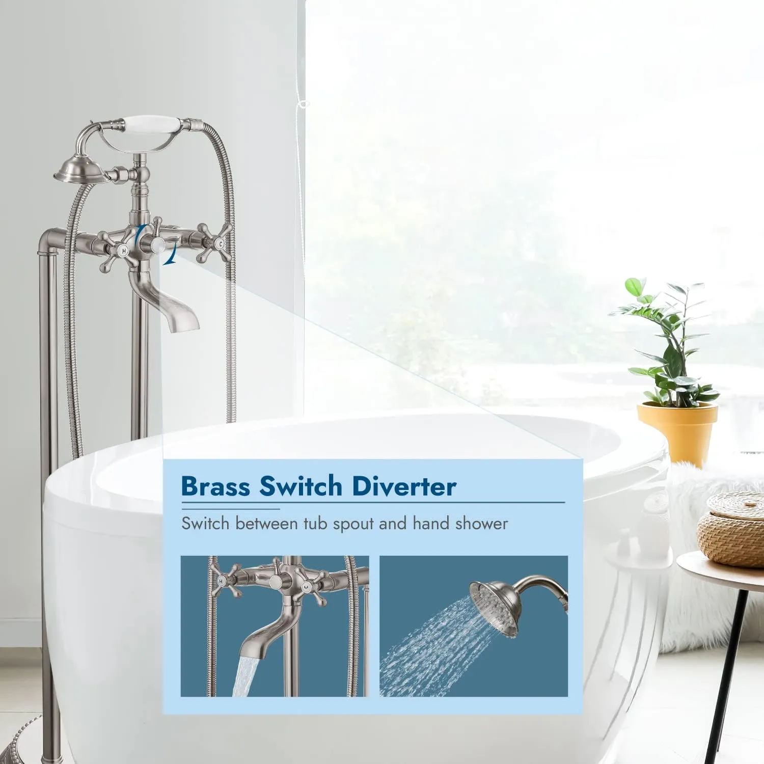 Floor Mounted Bathtub Brushed Nickel Freestanding Faucet Tub Filler With Handheld Shower Spray Double Cross Knobs Telephone Shape High Flow Bathroom Mixing Tap