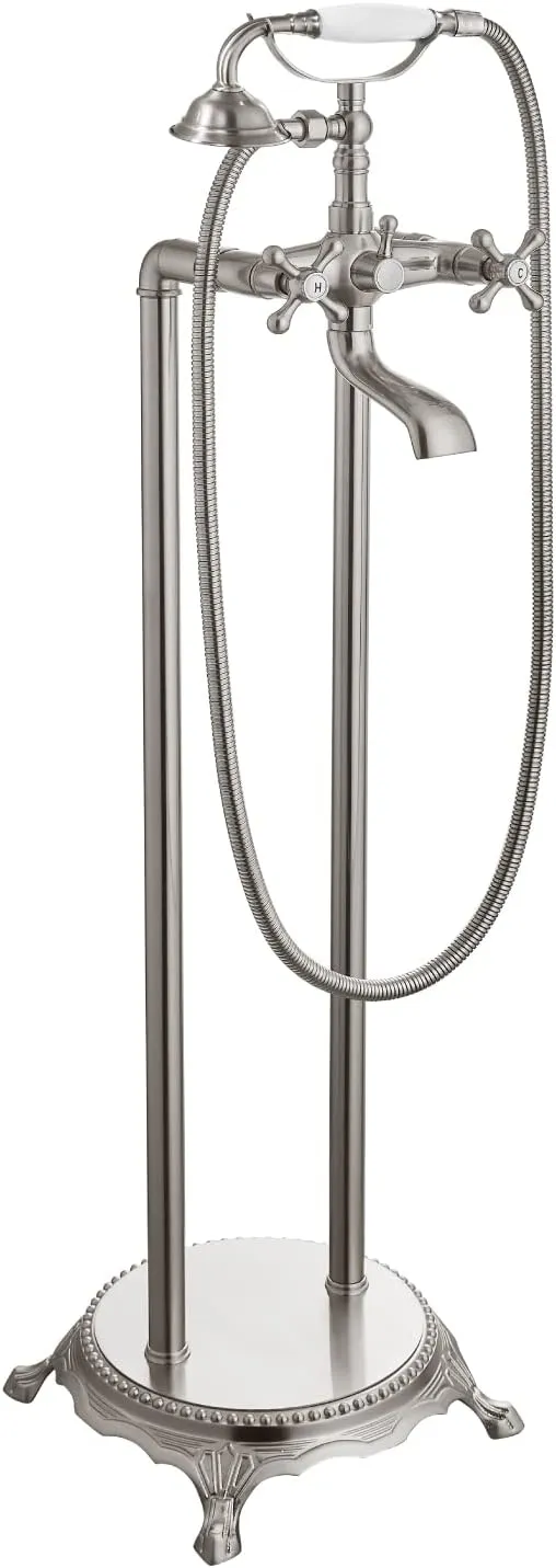 Floor Mounted Bathtub Brushed Nickel Freestanding Faucet Tub Filler With Handheld Shower Spray Double Cross Knobs Telephone Shape High Flow Bathroom Mixing Tap