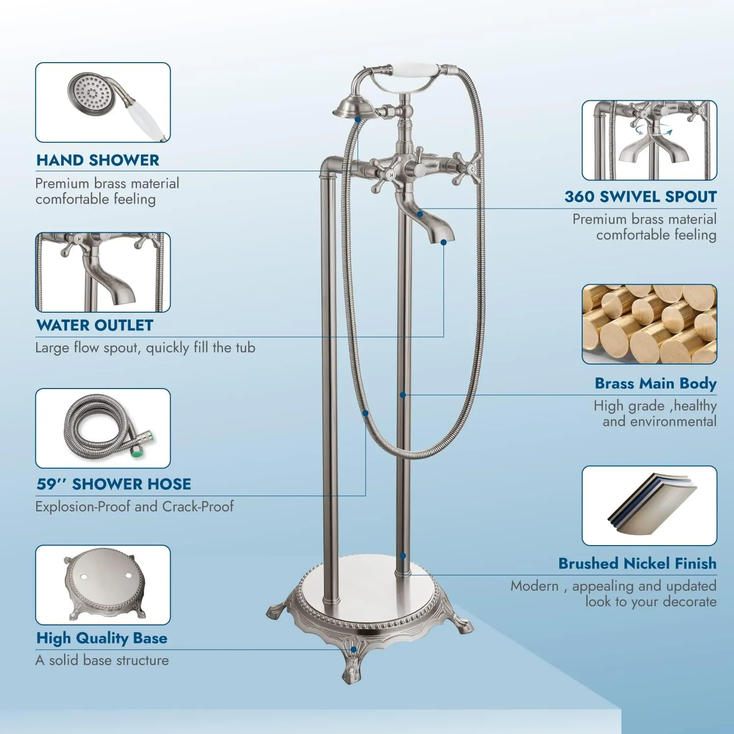 Floor Mounted Bathtub Brushed Nickel Freestanding Faucet Tub Filler With Handheld Shower Spray Double Cross Knobs Telephone Shape High Flow Bathroom Mixing Tap