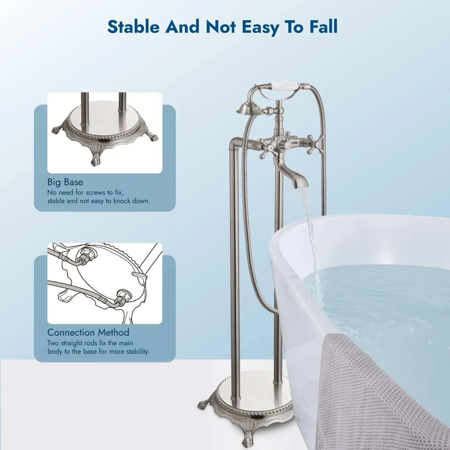 Floor Mounted Bathtub Brushed Nickel Freestanding Faucet Tub Filler With Handheld Shower Spray Double Cross Knobs Telephone Shape High Flow Bathroom Mixing Tap