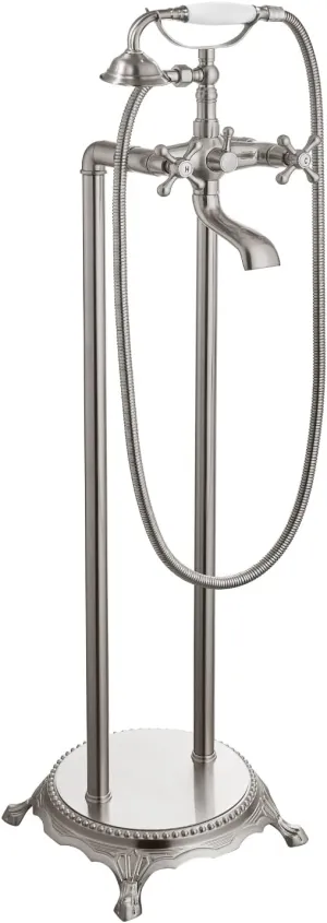 Floor Mounted Bathtub Brushed Nickel Freestanding Faucet Tub Filler With Handheld Shower Spray Double Cross Knobs Telephone Shape High Flow Bathroom Mixing Tap