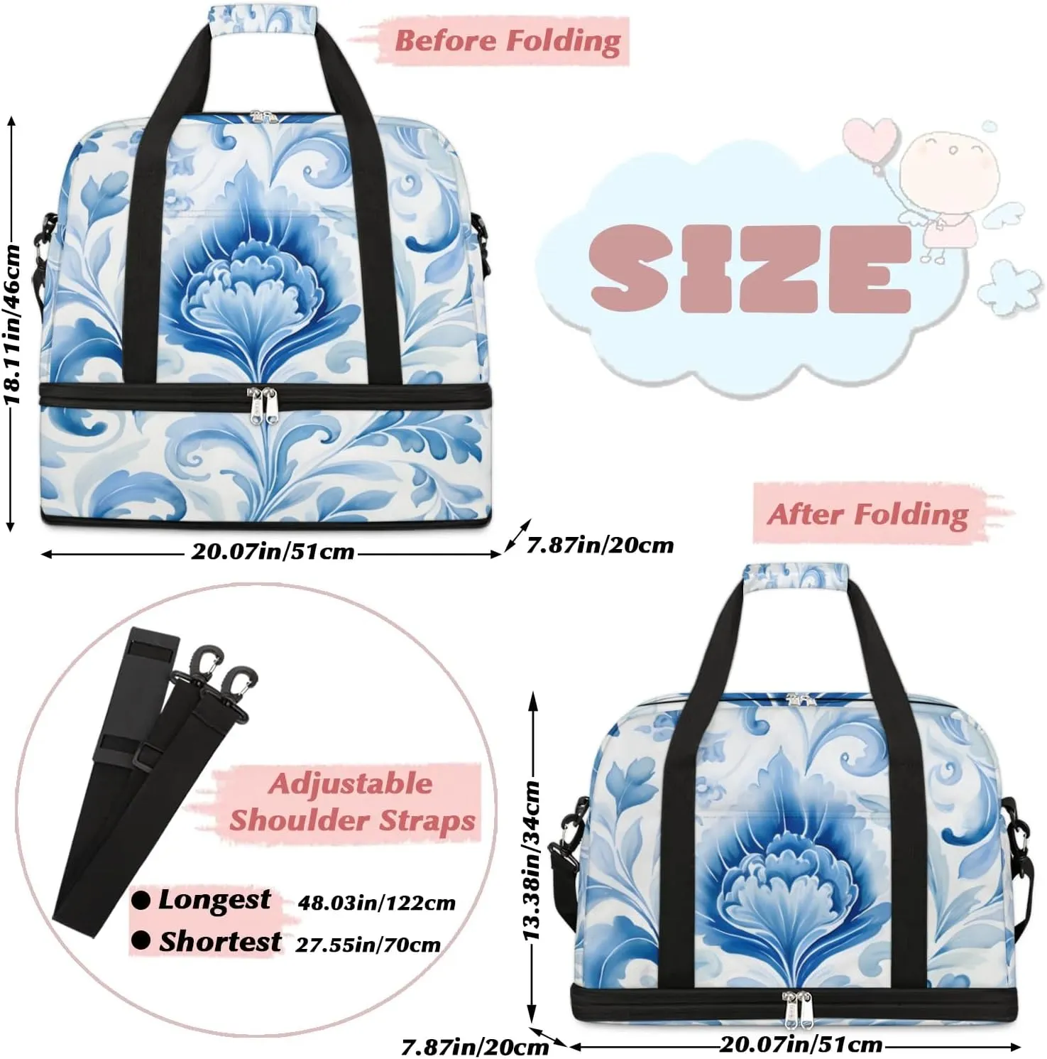 Flora Pattern Boho Patterns Travel Duffle Bag, Collapsible Travel Bag Sports Gym Bag With Shoes Compartment Weekender Bag Overnight Bag For Women Men