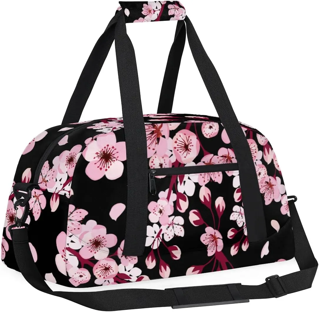 Floral Cherry Blossoms Style Gym Bag Sports Duffle Bag Weekend Sleepover Duffel Bags Small Travel Tote for Overnight Workout Gymnastics Dance Ballet