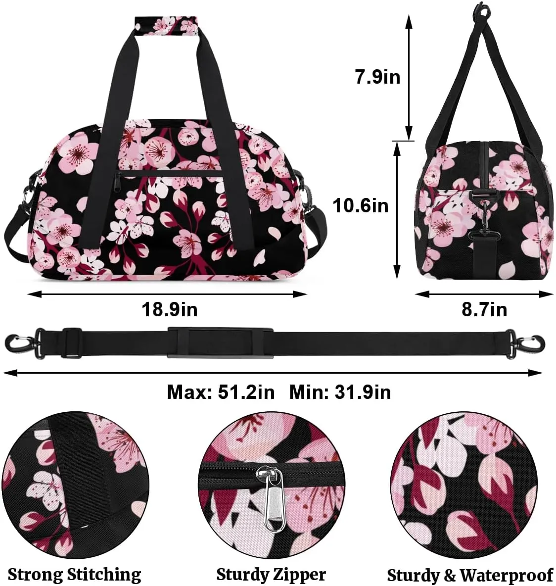 Floral Cherry Blossoms Style Gym Bag Sports Duffle Bag Weekend Sleepover Duffel Bags Small Travel Tote for Overnight Workout Gymnastics Dance Ballet