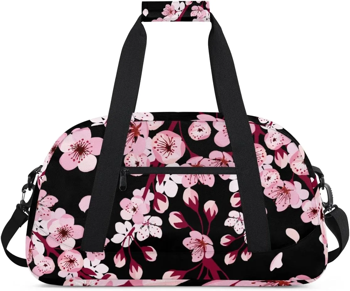 Floral Cherry Blossoms Style Gym Bag Sports Duffle Bag Weekend Sleepover Duffel Bags Small Travel Tote for Overnight Workout Gymnastics Dance Ballet