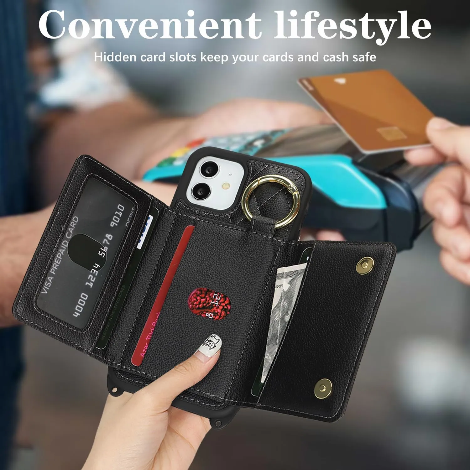 for iPhone 12 Phone Case with Card Holder and Strap for Women, Crossbody Bag with Ring Stand Make Up Mirror Wallet Case for Apple12pro Purse - Black
