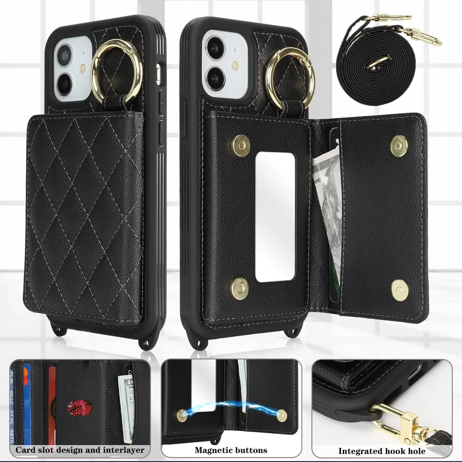 for iPhone 12 Phone Case with Card Holder and Strap for Women, Crossbody Bag with Ring Stand Make Up Mirror Wallet Case for Apple12pro Purse - Black