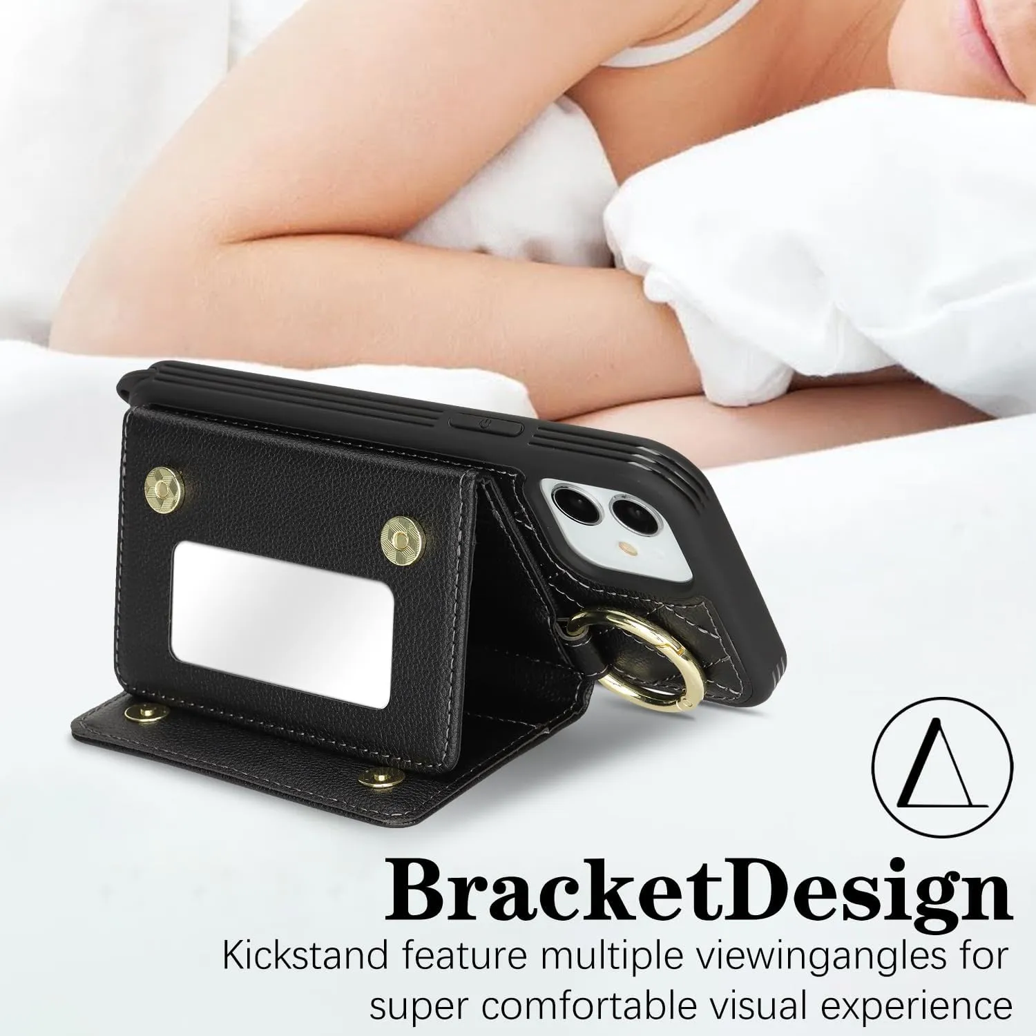 for iPhone 12 Phone Case with Card Holder and Strap for Women, Crossbody Bag with Ring Stand Make Up Mirror Wallet Case for Apple12pro Purse - Black