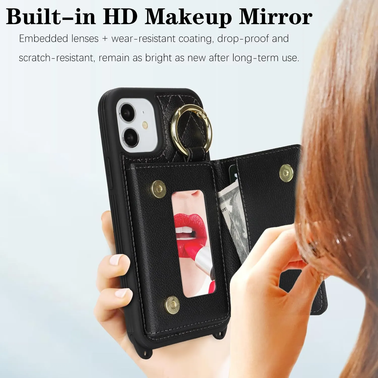 for iPhone 12 Phone Case with Card Holder and Strap for Women, Crossbody Bag with Ring Stand Make Up Mirror Wallet Case for Apple12pro Purse - Black