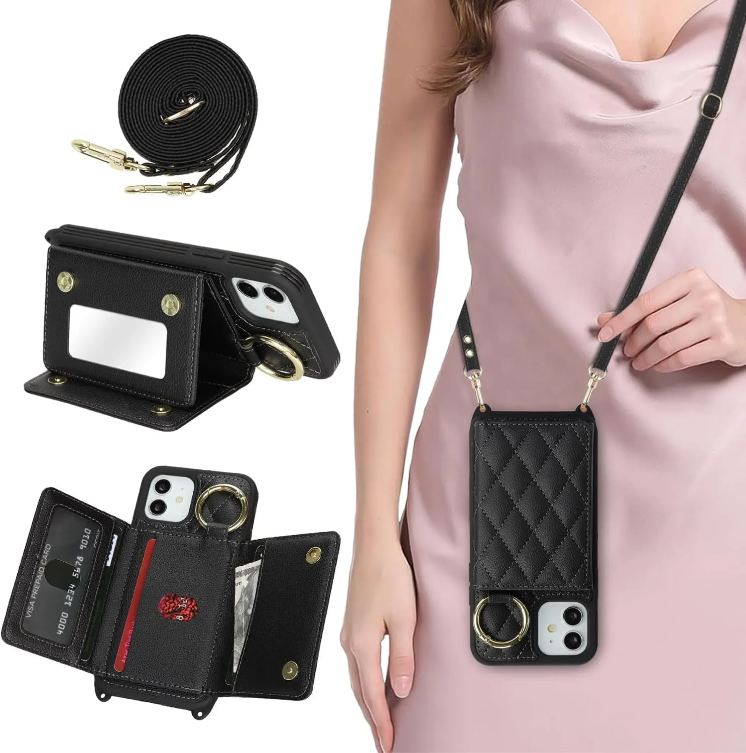 for iPhone 12 Phone Case with Card Holder and Strap for Women, Crossbody Bag with Ring Stand Make Up Mirror Wallet Case for Apple12pro Purse - Black