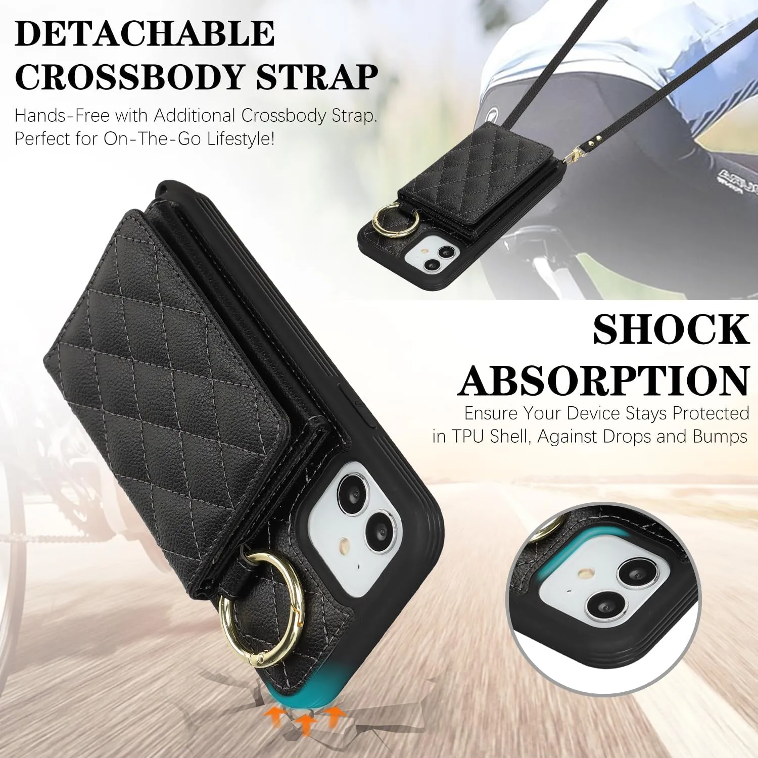 for iPhone 12 Phone Case with Card Holder and Strap for Women, Crossbody Bag with Ring Stand Make Up Mirror Wallet Case for Apple12pro Purse - Black