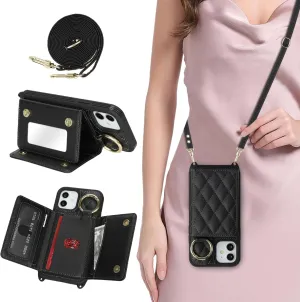 for iPhone 12 Phone Case with Card Holder and Strap for Women, Crossbody Bag with Ring Stand Make Up Mirror Wallet Case for Apple12pro Purse - Black