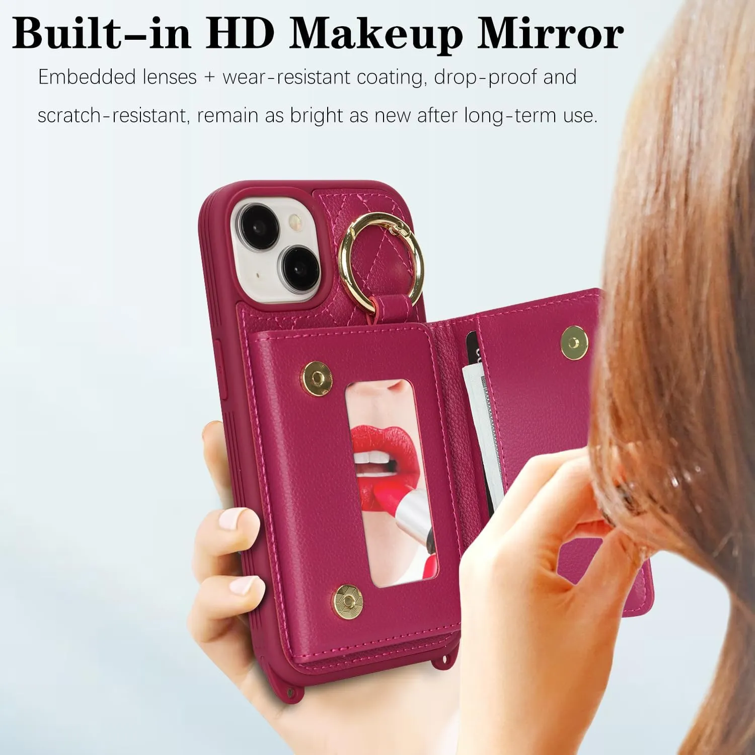 for iPhone 13 Phone Case with Card Holder and Strap for Women, Crossbody Bag with Ring Stand Make Up Mirror Wallet Case for Apple13 Purse - Rose red