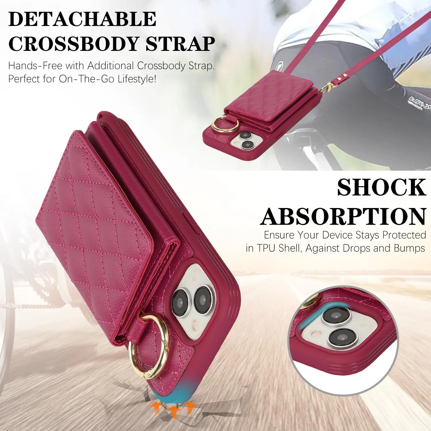 for iPhone 13 Phone Case with Card Holder and Strap for Women, Crossbody Bag with Ring Stand Make Up Mirror Wallet Case for Apple13 Purse - Rose red