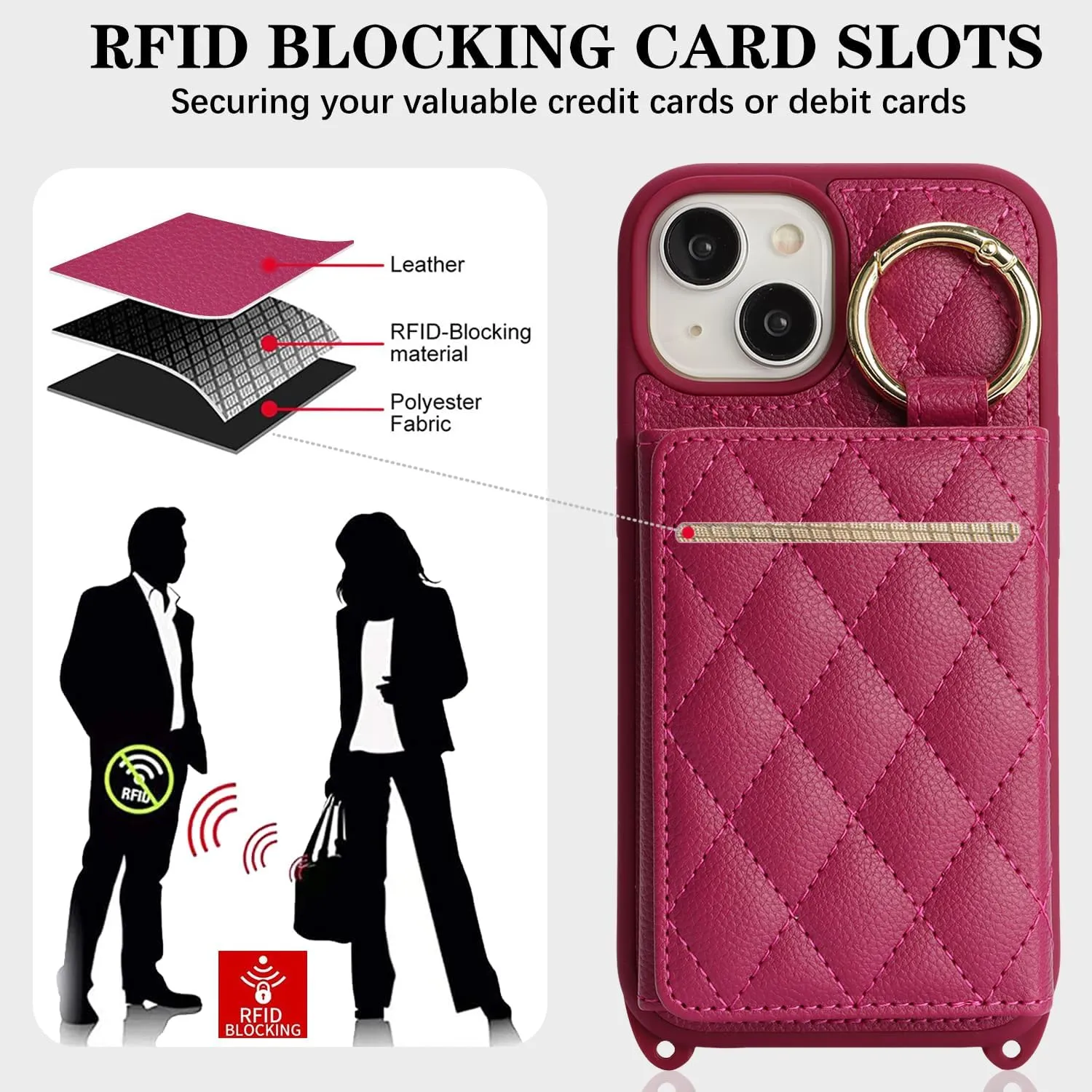 for iPhone 13 Phone Case with Card Holder and Strap for Women, Crossbody Bag with Ring Stand Make Up Mirror Wallet Case for Apple13 Purse - Rose red