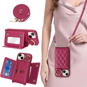 for iPhone 13 Phone Case with Card Holder and Strap for Women, Crossbody Bag with Ring Stand Make Up Mirror Wallet Case for Apple13 Purse - Rose red